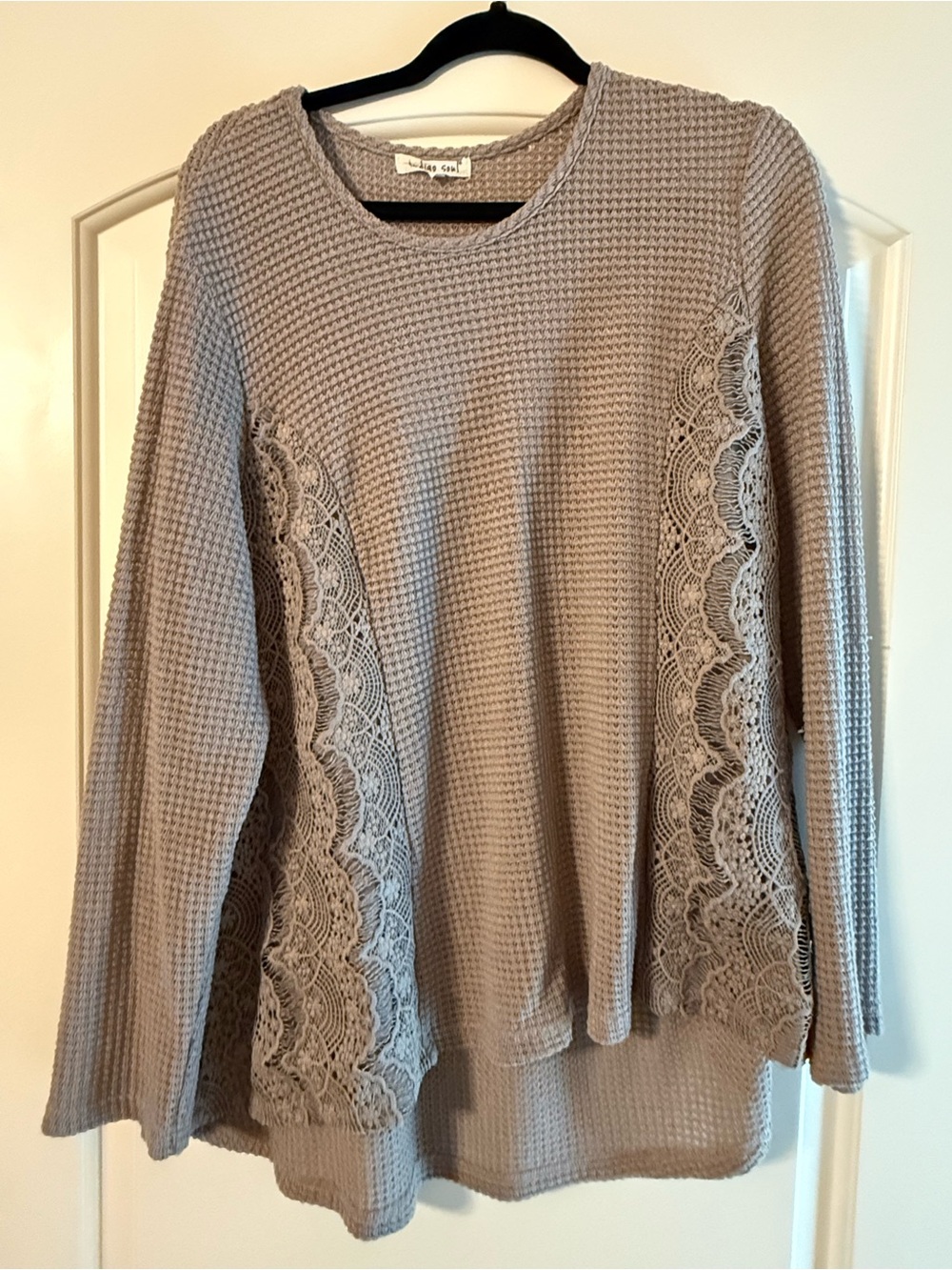 Indigo Soul Lace Panel Waffle Knit Long Sleeve Top — Taupe
